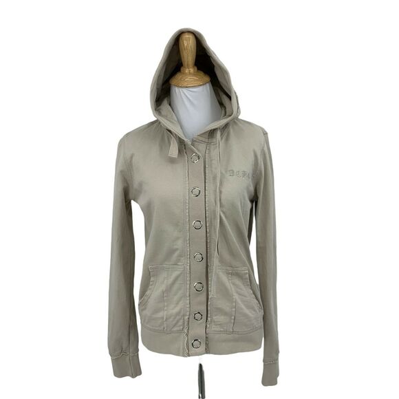BCBGMaxazria Hoodie Women's Size M Beige Big Snap Buttons Distressed Sweater - Picture 1 of 13